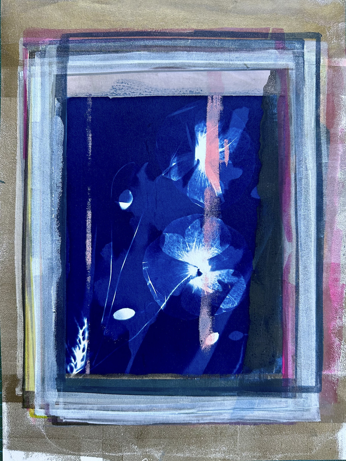 Monoprint and botanical cyanotype on paper, blue